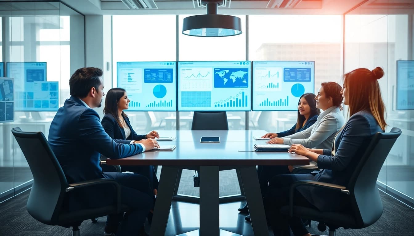 Business professionals discussing logo tiger enterprise solutions in a modern office setting.