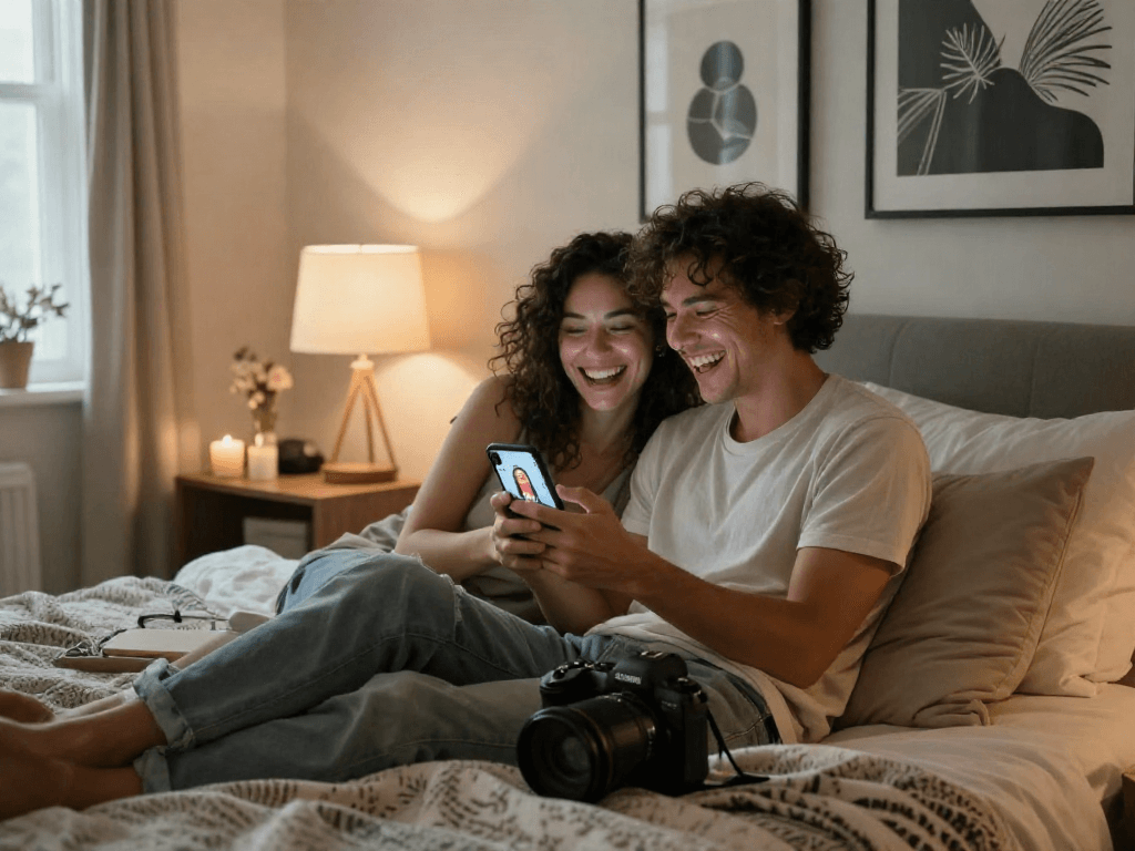 Couple exploring AI-generated art applications in a cozy bedroom, showcasing ai nsfw themes and style.