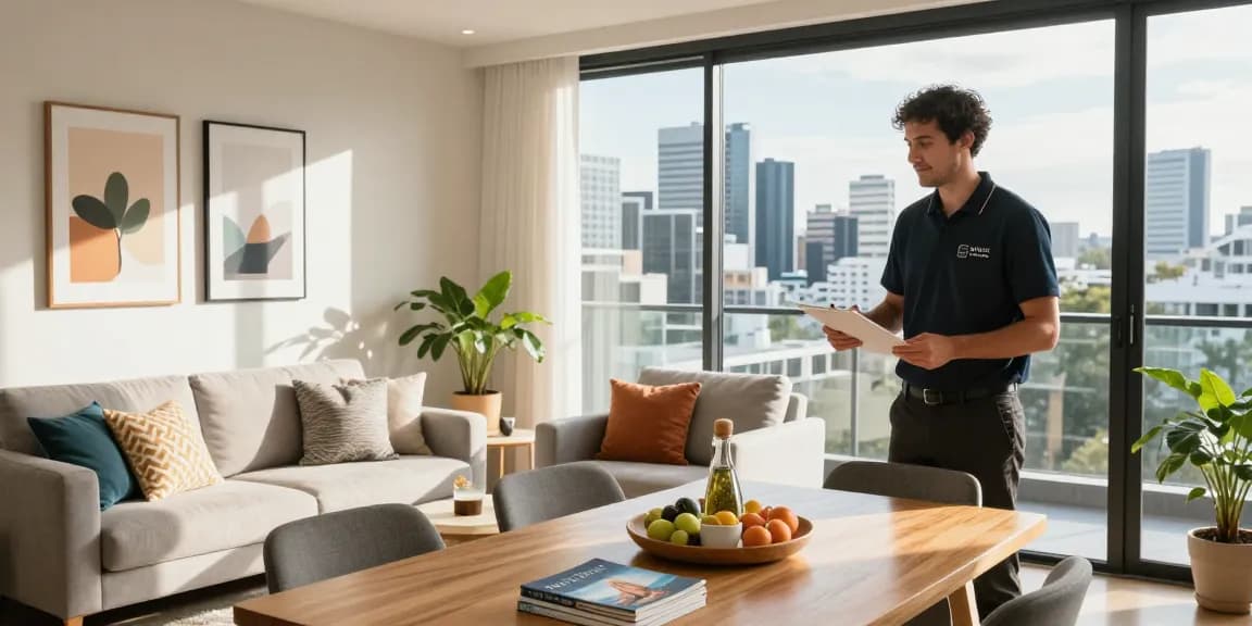 Airbnb management in Brisbane, stylish apartment host preparing for guests with refreshments and local guides.