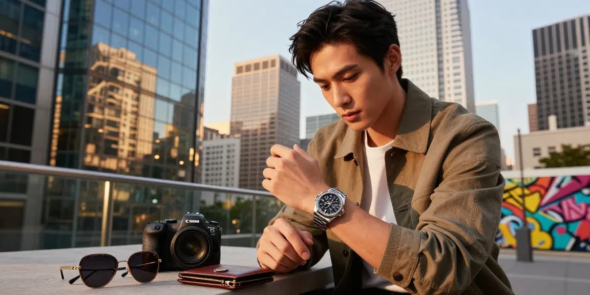 Stylish individual showcasing premium clone watches against an urban city backdrop.