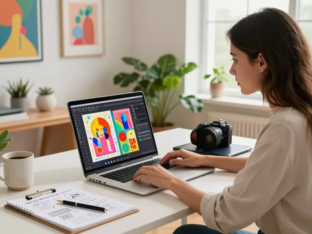 Illustration of a content creator using Nano Banana Pro AI image editor in a modern workspace, editing colorful designs on a laptop.
