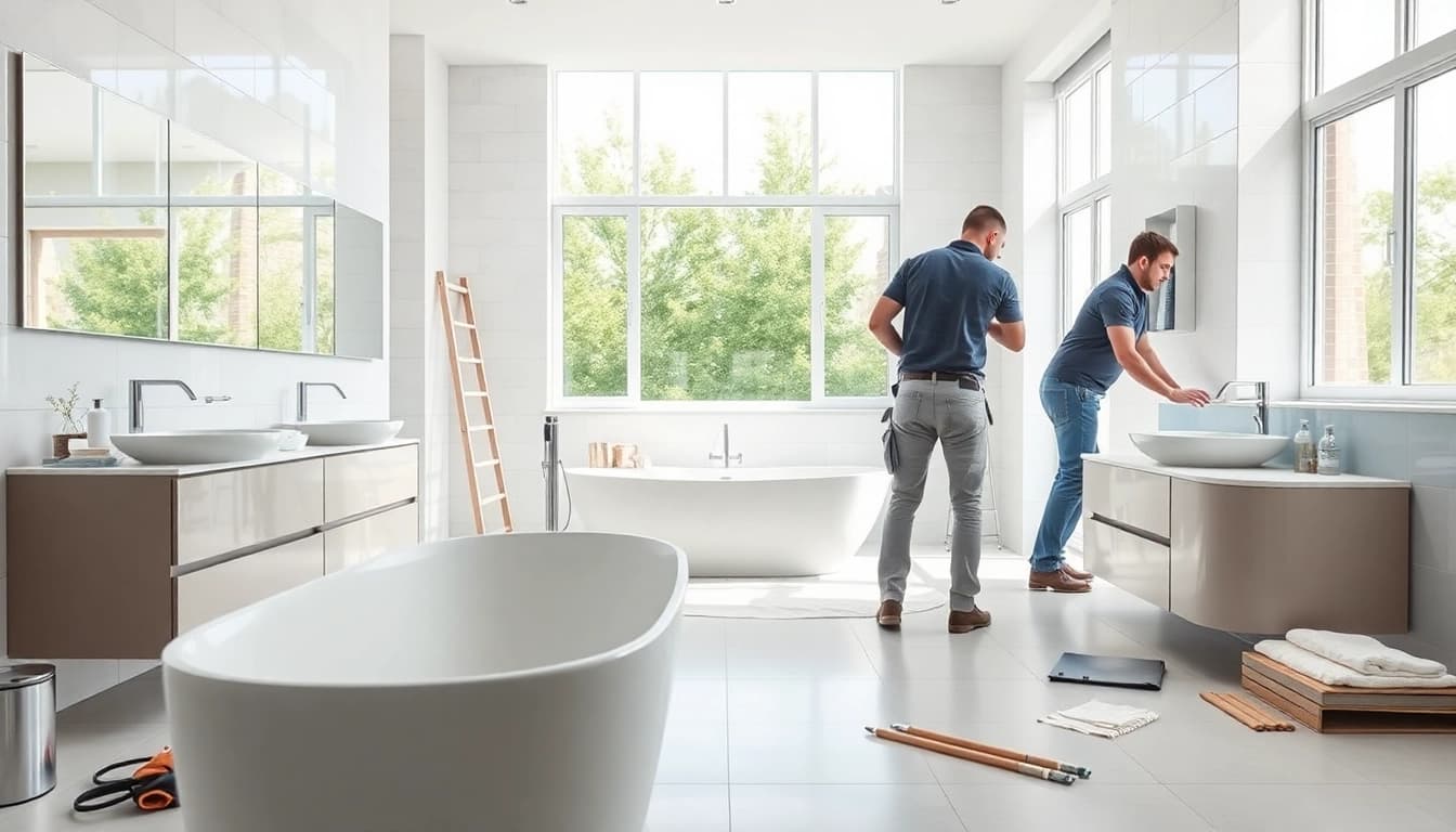 Manchester bathroom fitters remodeling a modern bathroom with elegant fixtures and bright lighting.