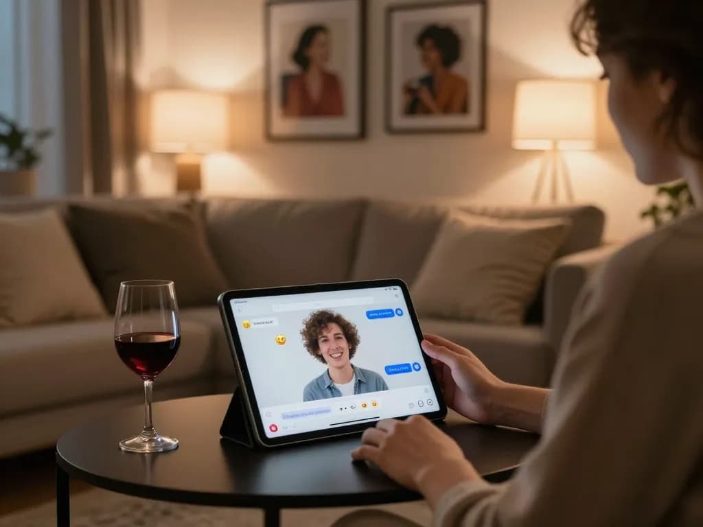 Engaging in a cozy chat with sex chat AI in a warm living room setting.