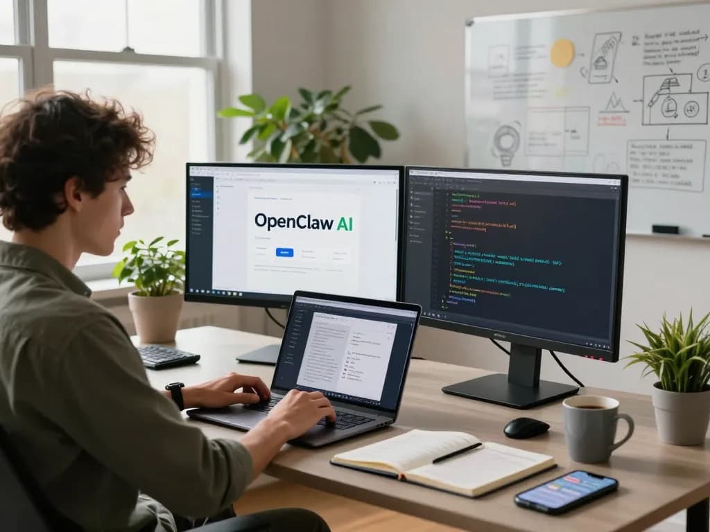 Open claw AI assistant installation in a modern home office with dual monitors and tech tools.
