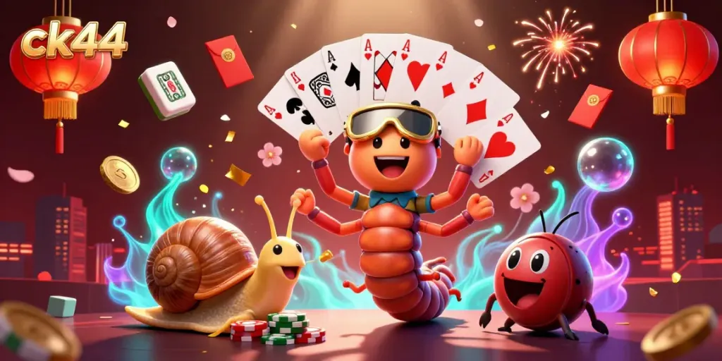 Experience ck44's vibrant casino atmosphere with cartoon characters dealing cards and celebrating wins.