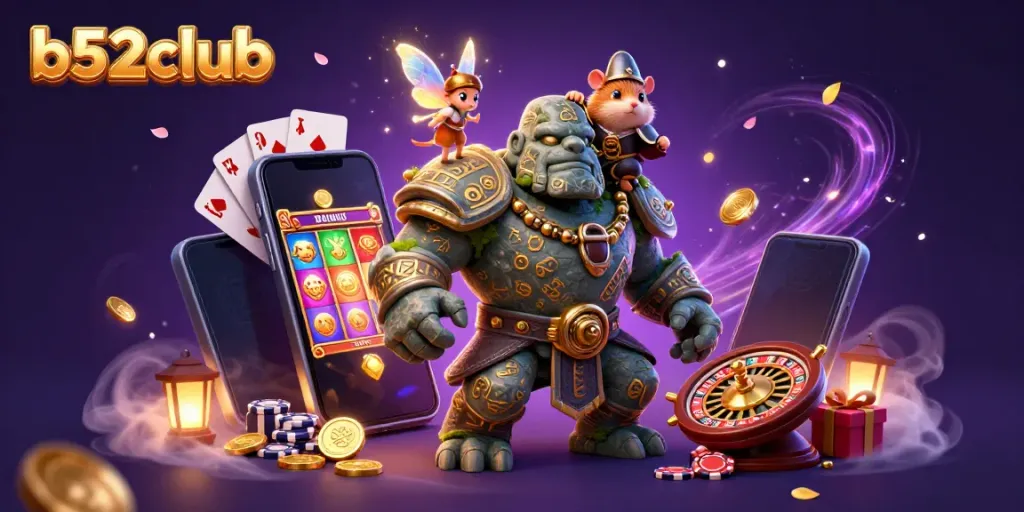 B52club features a lively scene with a golem guardian, fairy, and hamster knight amid enchanting casino elements.