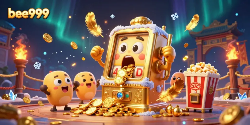 Experience the excitement at bee999 with a jubilant golden slot machine celebrating its jackpot amidst colorful casino elements.