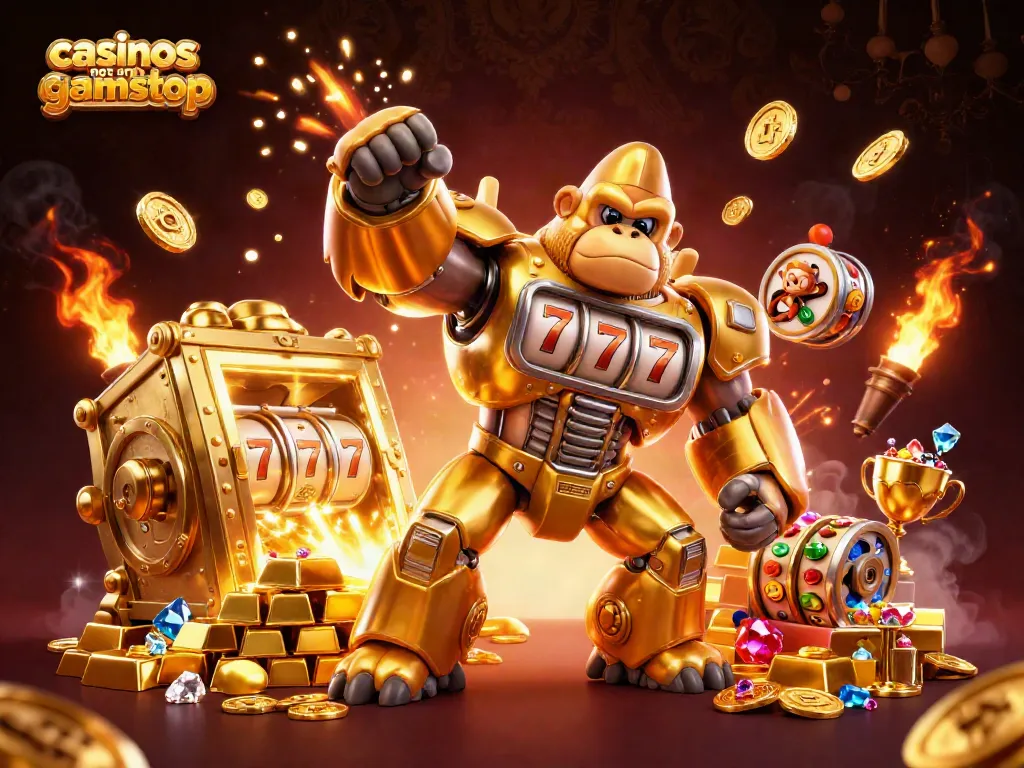 Experience excitement with a thrilling scene of casinos not on gamstop featuring a mech gorilla and treasure.