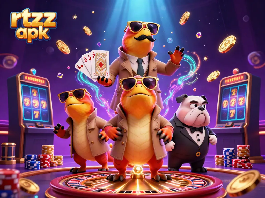 Experience the thrill of the rtzz apk in a vibrant casino scene with playful raptors and cascading coins.