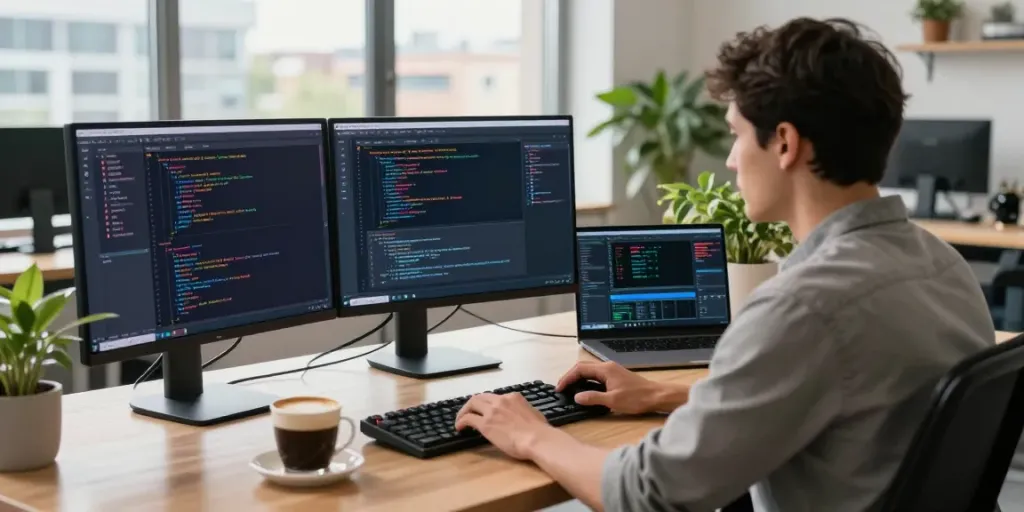 Developer utilizing instant indexing tools in a modern tech workspace with dual monitors.