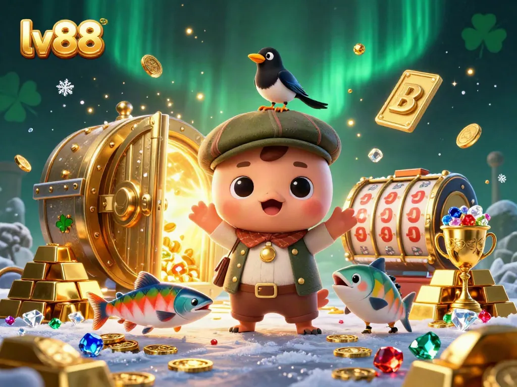 Winning spins with lv88 in a vibrant casino-themed scene featuring cartoon Nessie, treasures, and slot elements.