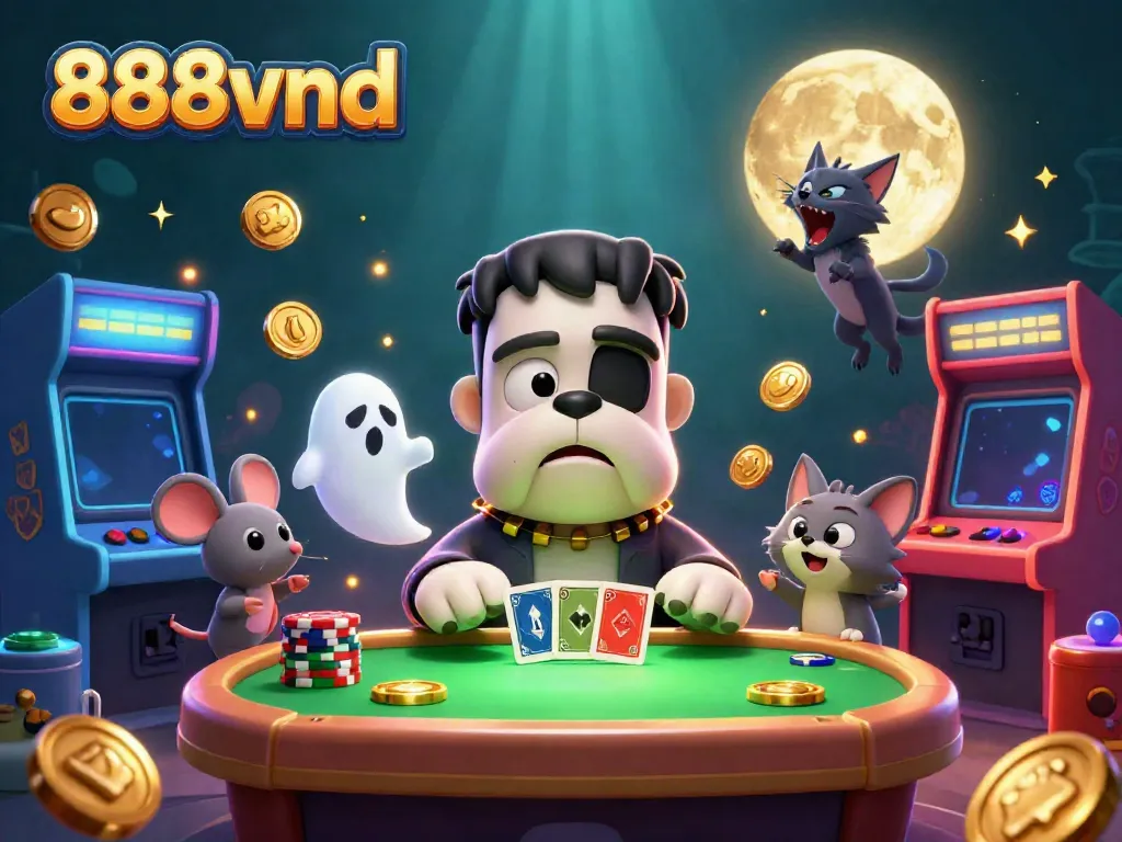 Engage with a thrilling scene of 888vnd's animated casino characters playing cards in a spooky atmosphere.