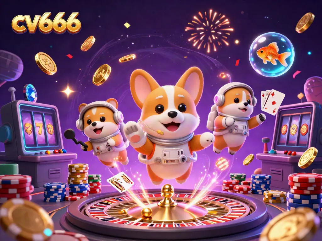 Engage with cv666's thrilling adventure amidst floating poker chips and dazzling casino lights.
