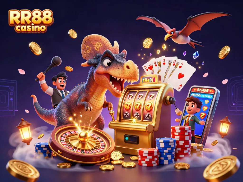Experience the excitement of RR88 casino with a dynamic 3D scene featuring jackpot wins and thrilling gameplay.