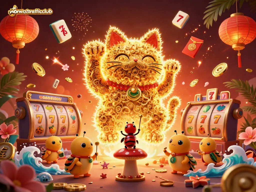 Engage with norwichtrafficclub in this vibrant, casino-themed illustration showcasing a lucky cat and dynamic symbols.