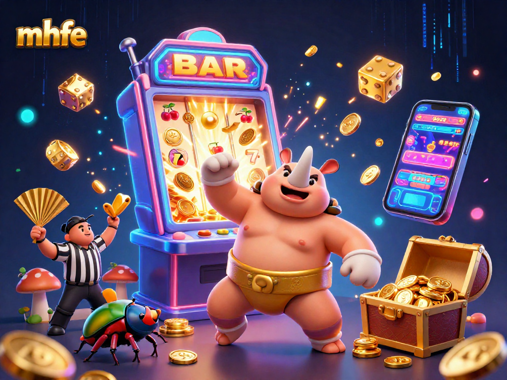 Experience the excitement at mhfe with a thrilling casino scene featuring a rhinoceros beetle champion amid soaring coins and vibrant jackpots.