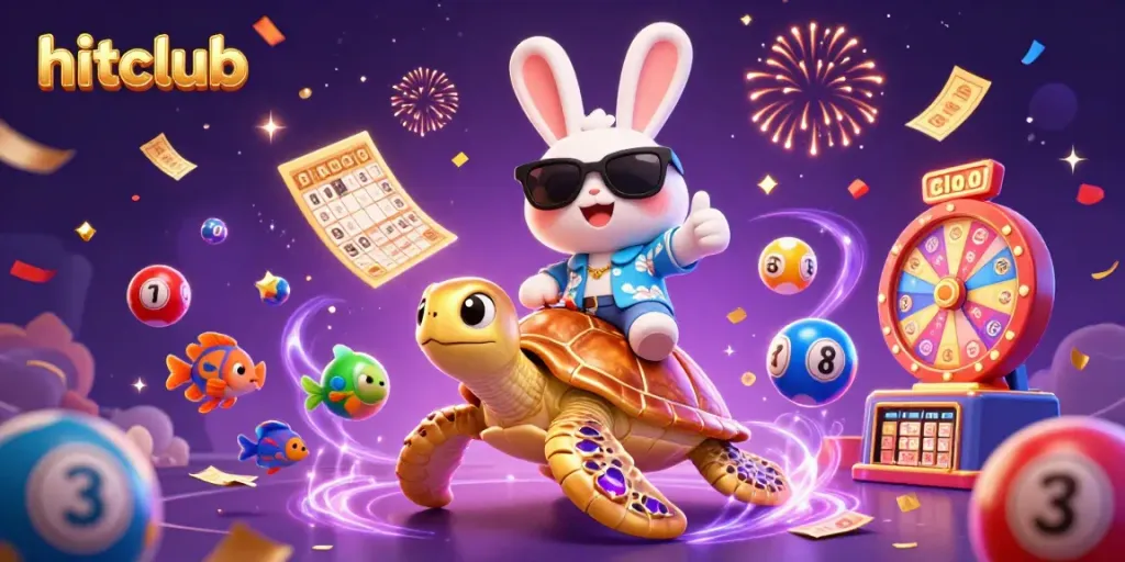 Hitclub's vibrant gaming world featuring a lucky rabbit and a golden sea turtle with dynamic casino-themed elements