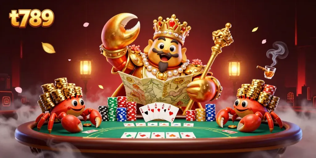 T789's captivating illustration features a golden crab emperor with poker elements, reveling in casino excitement.