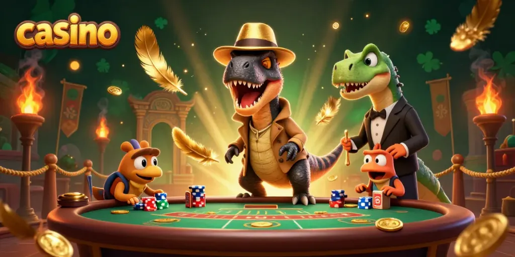 Cartoon velociraptor at a casino blackjack table with a stegosaurus pit boss and a compy pickpocket.