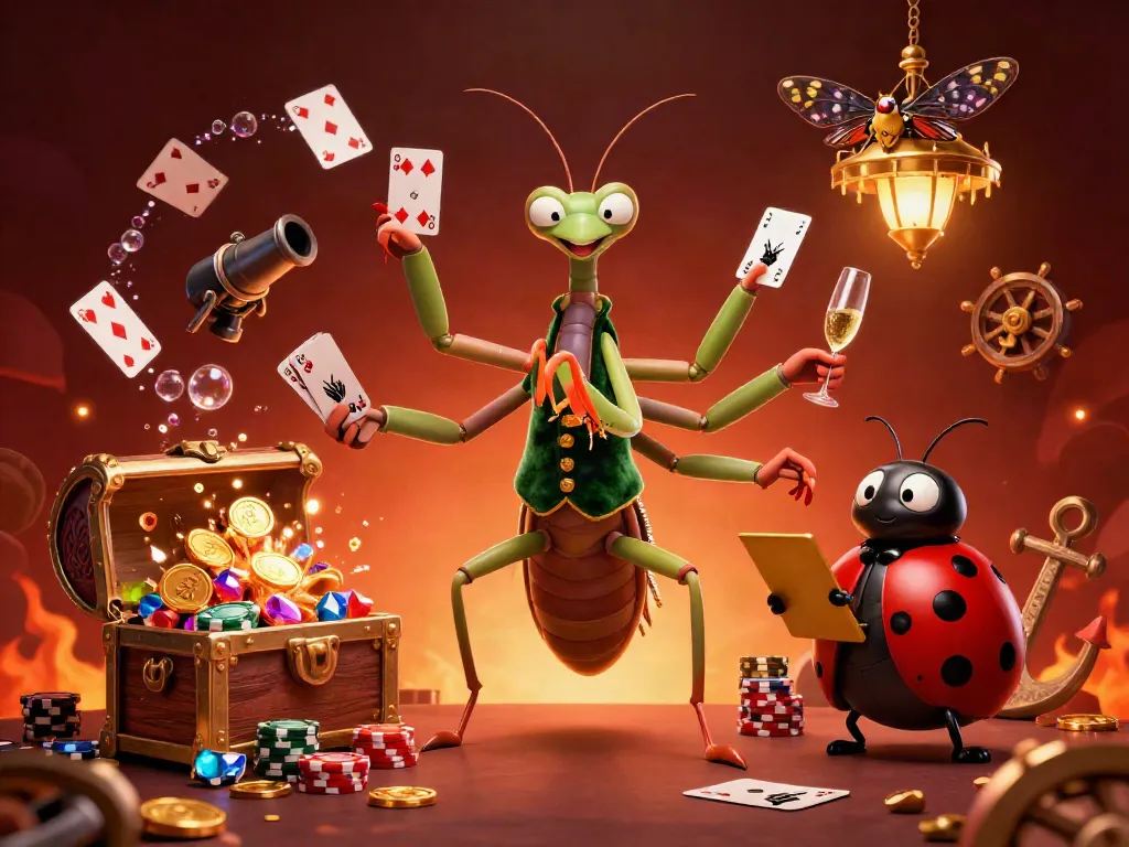 Experience the thrill at hm88 with a vibrant 3D illustration featuring a mantis dealing cards and a ladybug pit boss.