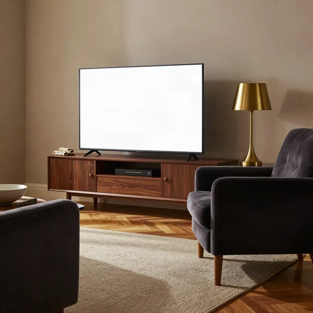 Retro TV glowing beside a velvet armchair and brass lamp in a quiet living room.