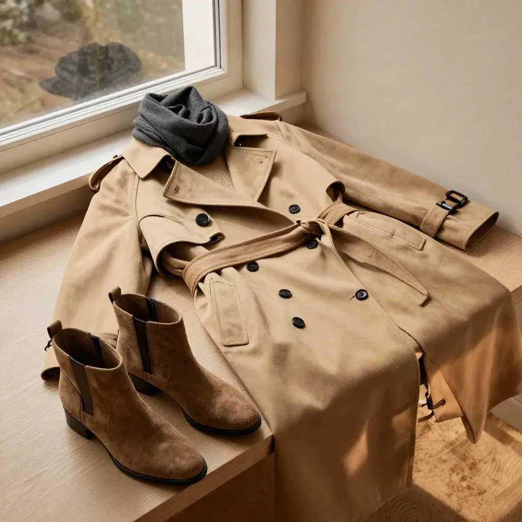 Camel trench coat, boots, and scarf arranged on a pale bench in warm window light.