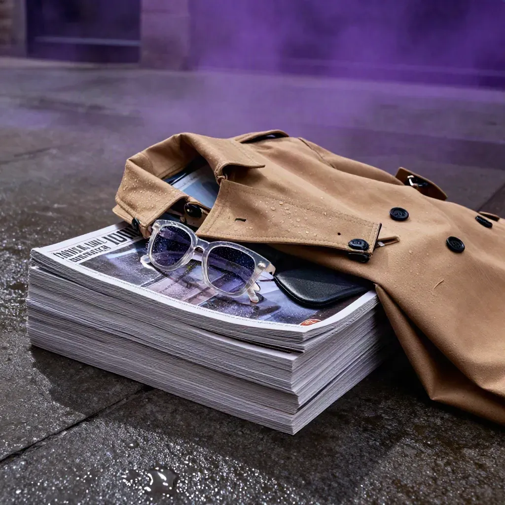 Rain-slick magazines, trench coat, sunglasses and vinyl sleeve on dark stone under purple haze.