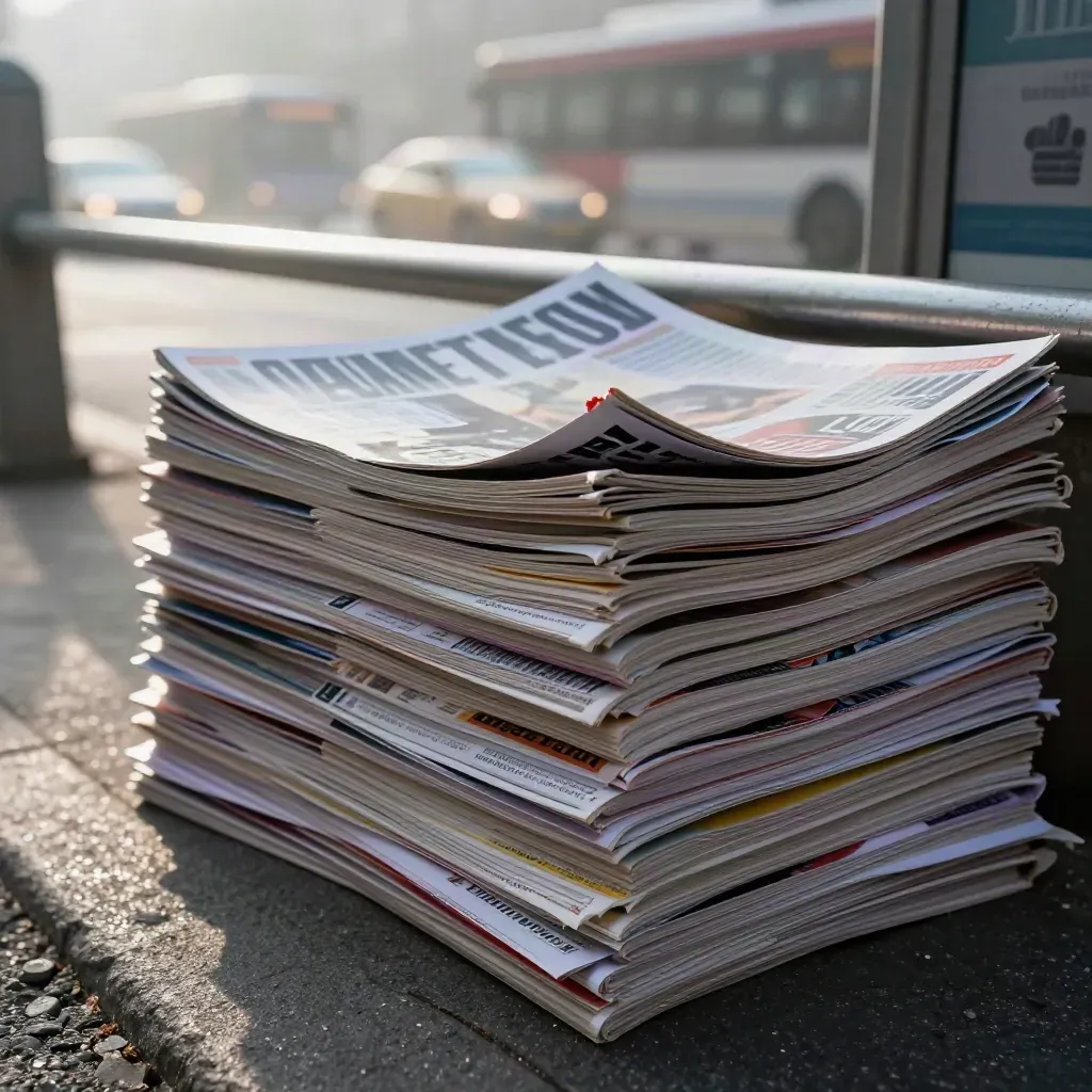 Glossy culture magazines and flyers on a city newsstand caught in a gusty morning blur.