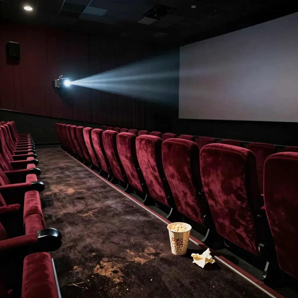 Empty cinema aisle with projector beam, burgundy seats and a popcorn cup under the credits.