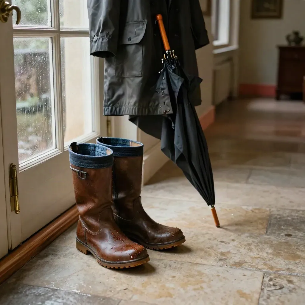 Raincoat, denim, boots and umbrella by a window on stone, lit by warm late-afternoon rain.