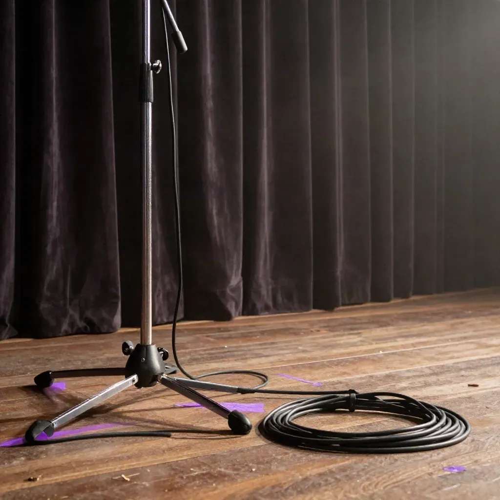 Empty gig stage with mic stand, cables, drum riser and purple haze in a London venue.