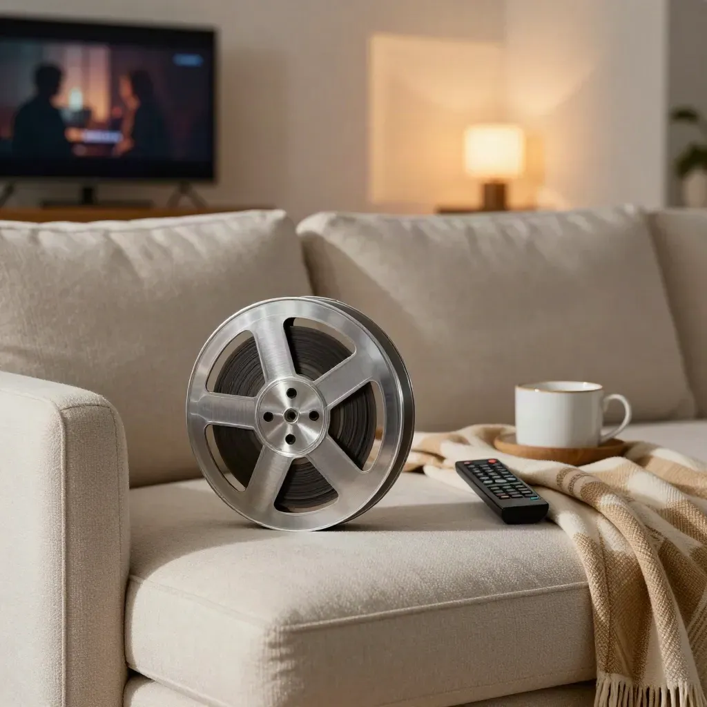 Film reel tin, remote, striped throw and tea mug on a sofa arm with screen flicker at midnight.