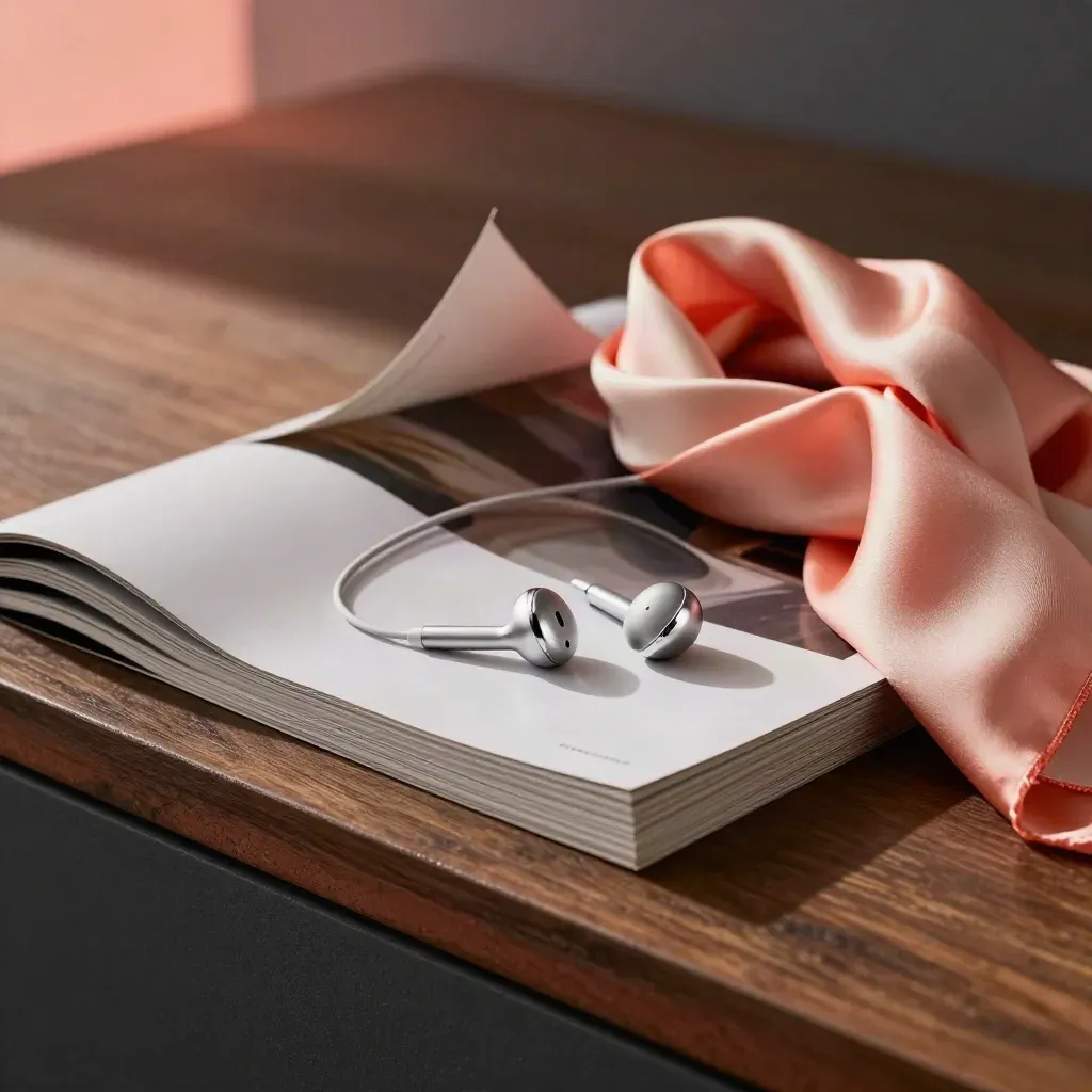 Magazine stack, earbuds and silk scarf on a dark plinth, page edge lifting