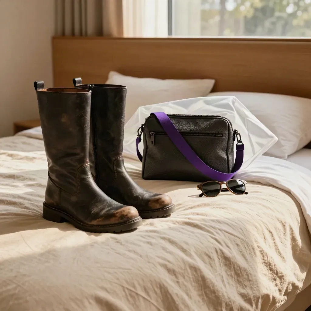 Packed festival gear on a hotel bed with a rain poncho mid-shake in warm morning light.