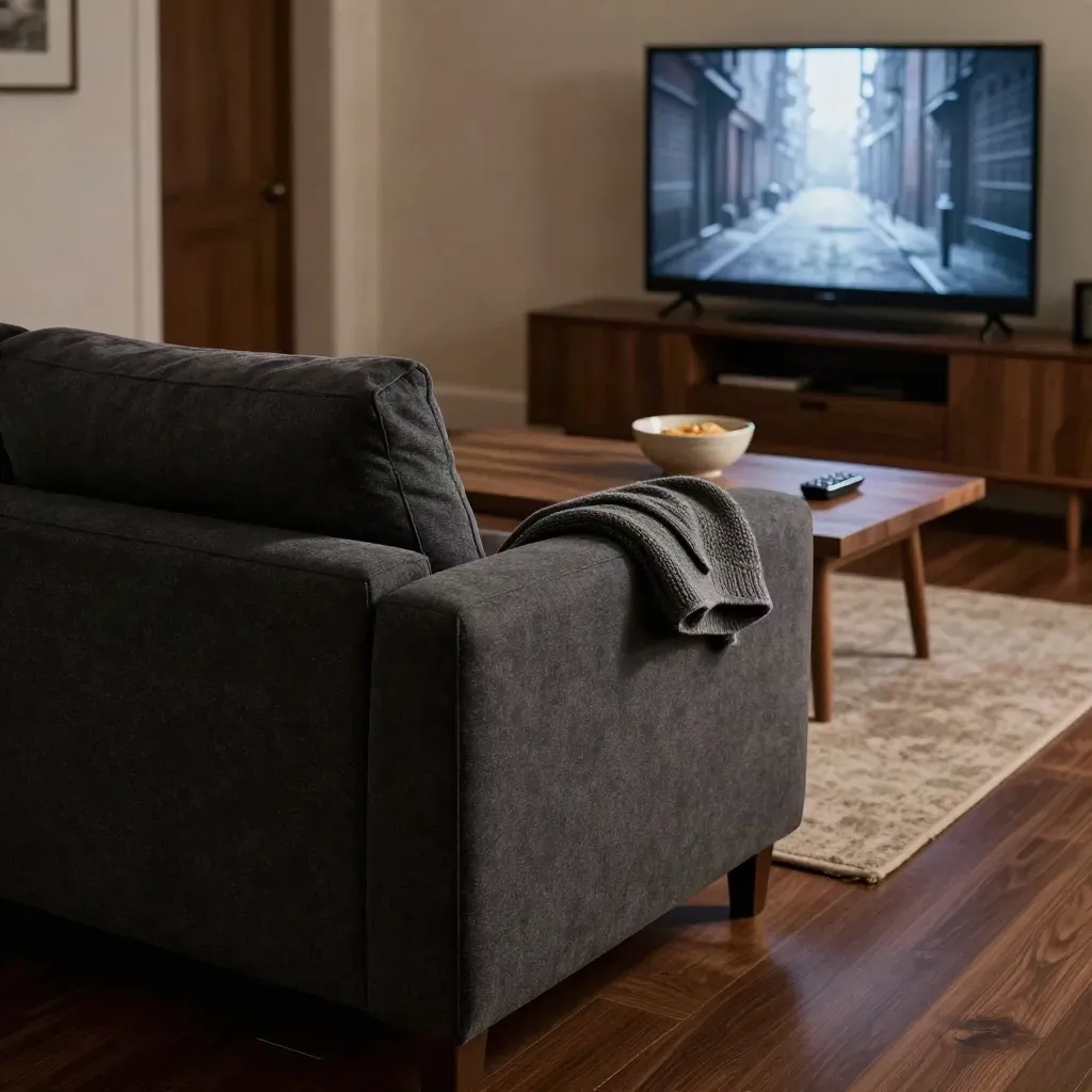 Charcoal living room with TV glow, snack bowl and low sofa, shot from a high corner angle.