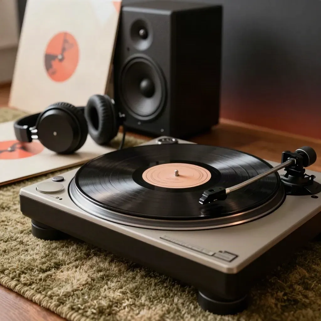 Turntable needle drops on vinyl beside headphones and a sleeve on a rug.