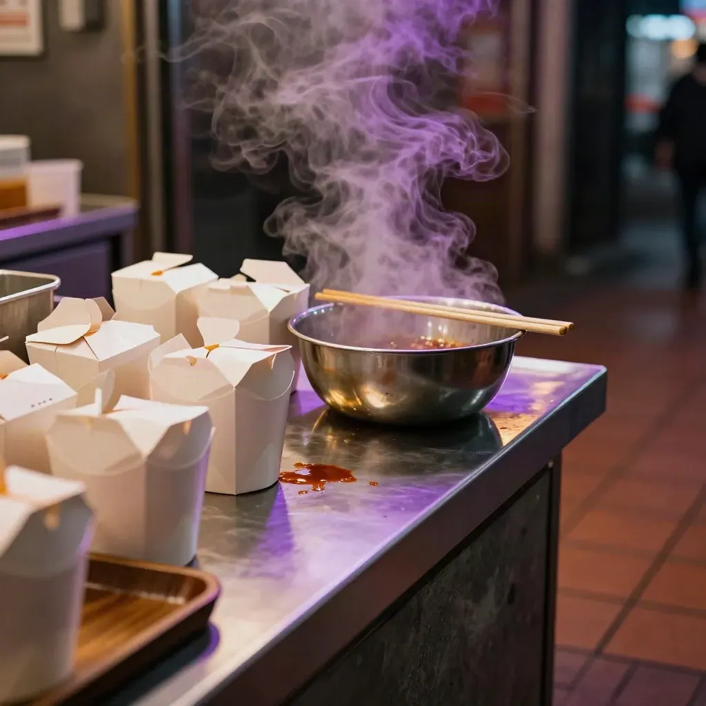 Steam rises from a late-night food counter with bowls, chopsticks, and takeaway boxes.