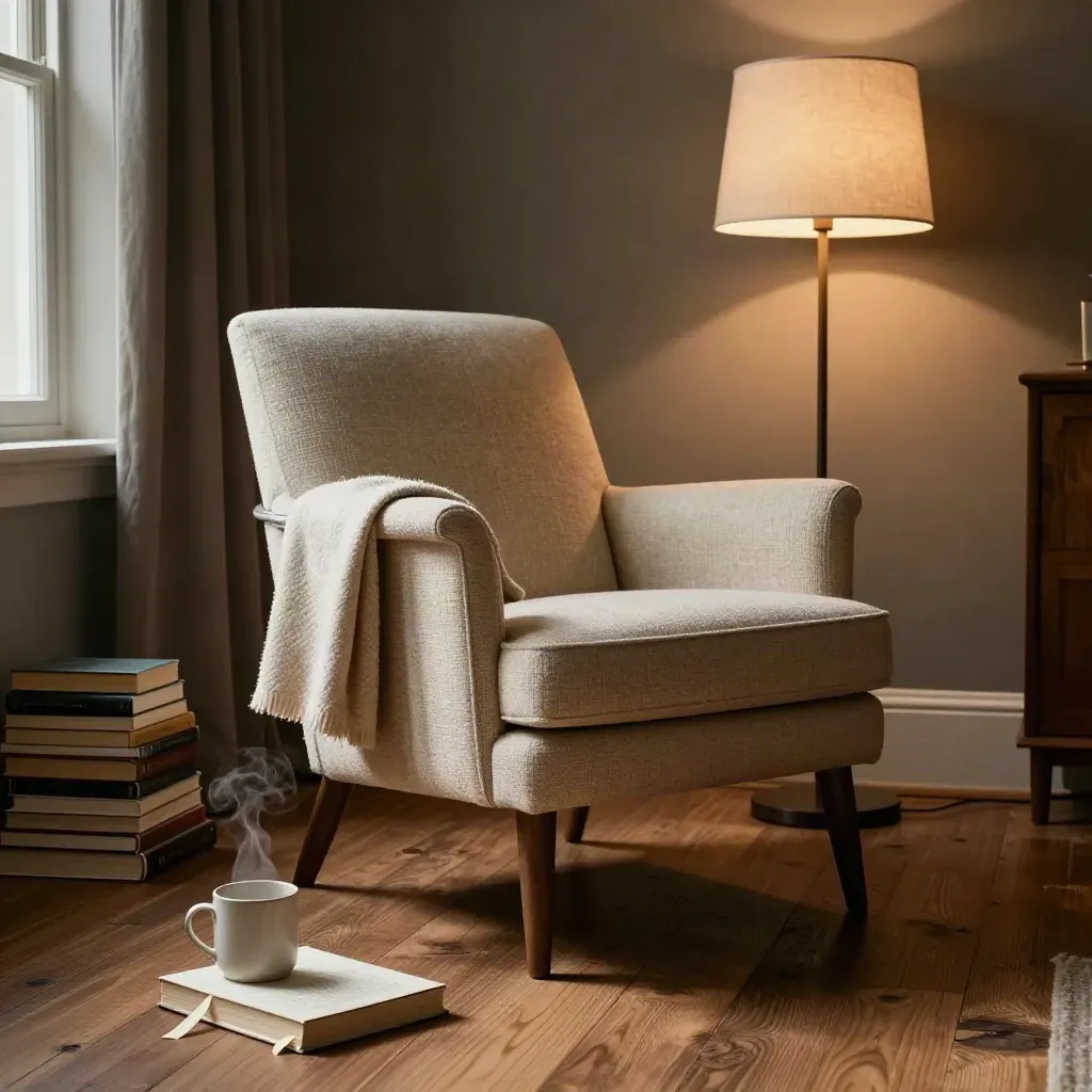 Cozy reading chair, closed novel, mug, wool throw and floor lamp in warm late-afternoon light.
