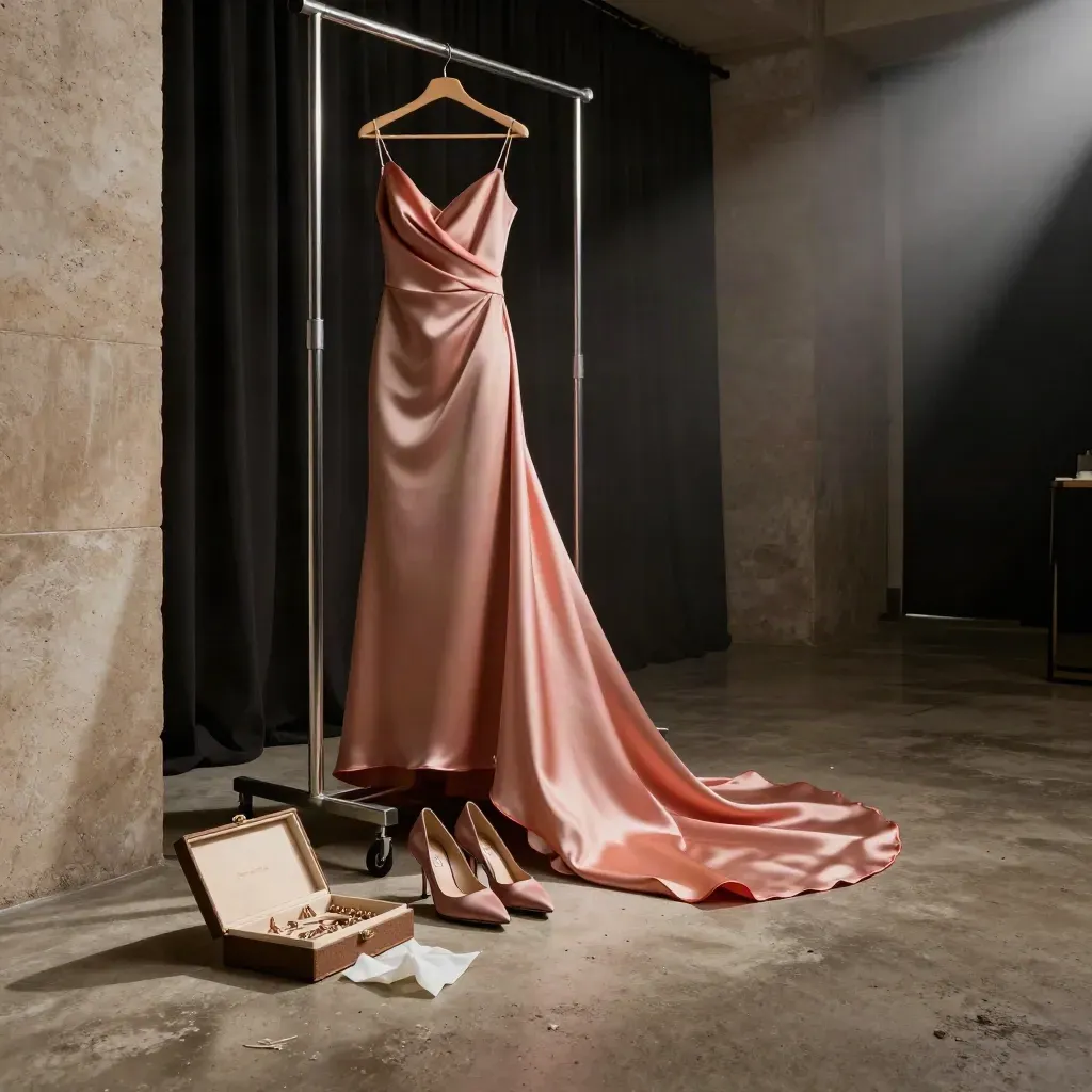 Backstage dress, heels, jewelry box and wrap on a moody concrete floor