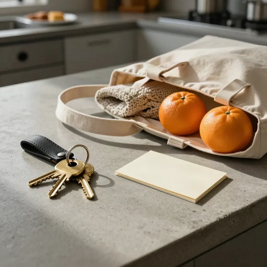 Keys, tote bag, fruit, and a folded card arranged on a kitchen counter in morning light.