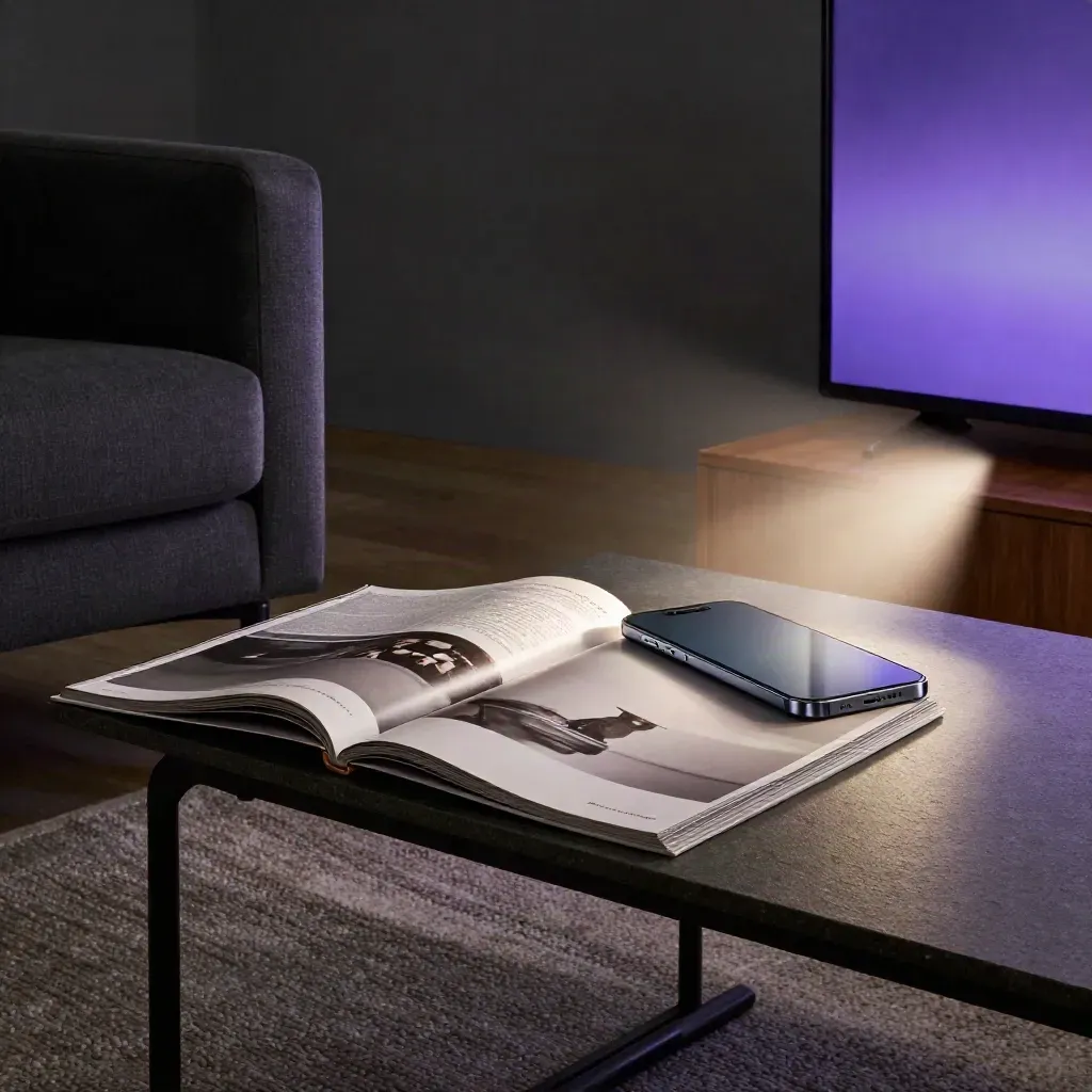 TV glow over a phone and magazine on a sofa table in a late-night media corner.