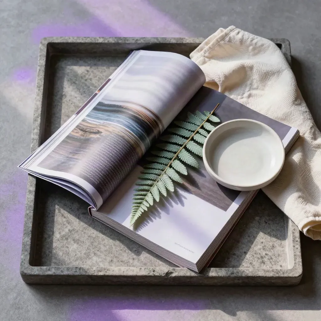Overhead flatlay of glossy magazines on stone with fern, ivory cloth and ceramic dish