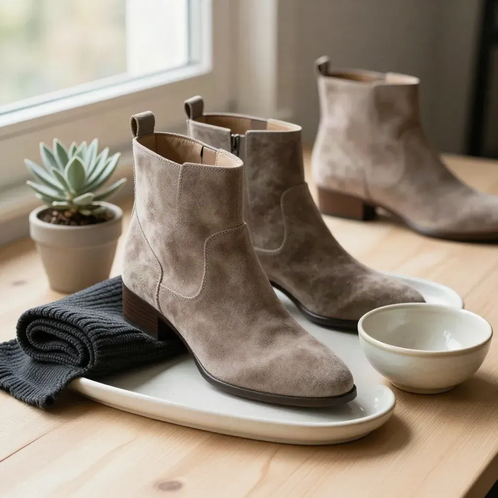 Suede ankle boots with knit cloth, plant, and ceramic bowl on pale wood tray
