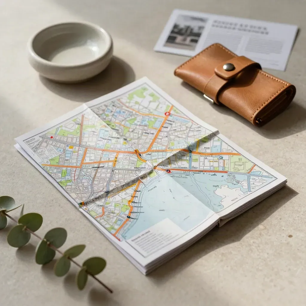 London map, leather key pouch, ceramic catchall and eucalyptus on stone in soft daylight.