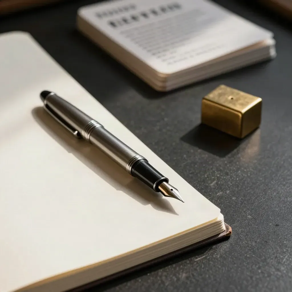 Fountain pen, cream notebook, index cards and brass paperweight on a charcoal desk.