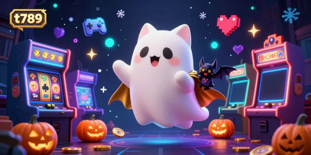 Engage in thrilling games at t789 with a captivating haunted casino scene featuring a friendly ghost cat and vampire bat.
