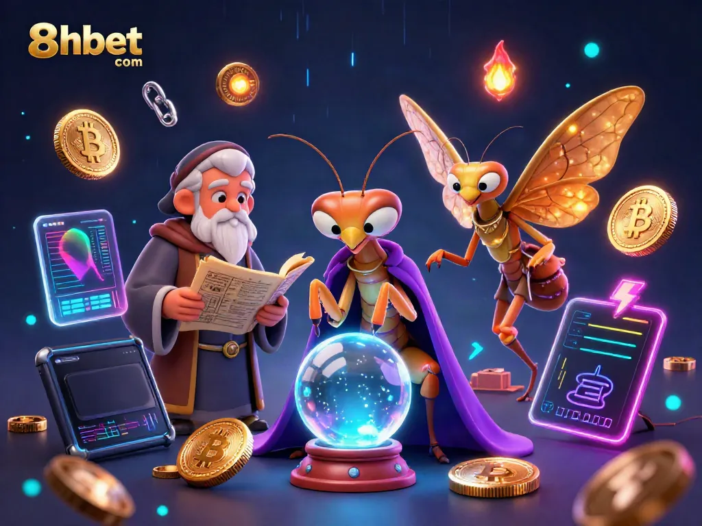 Engage in thrilling gaming with 8xbet com, featuring a whimsical fortune teller, wise moth librarian, and vibrant crypto elements.