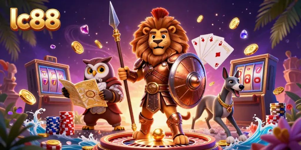 Experience lc88 excitement with a Spartan lion, owl strategist, and greyhound surrounded by casino riches.