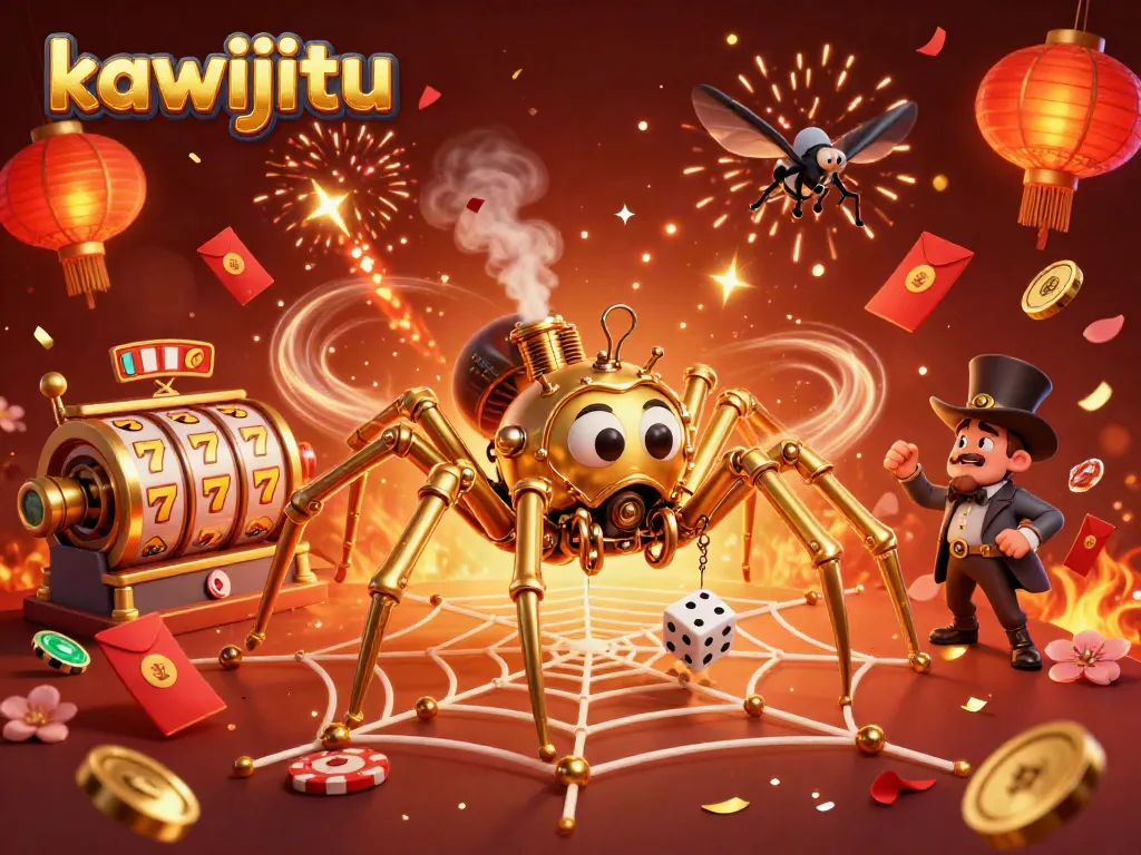 Engage in kawijitu gaming with a vibrant 3D steampunk scene featuring a golden spider and slot elements.