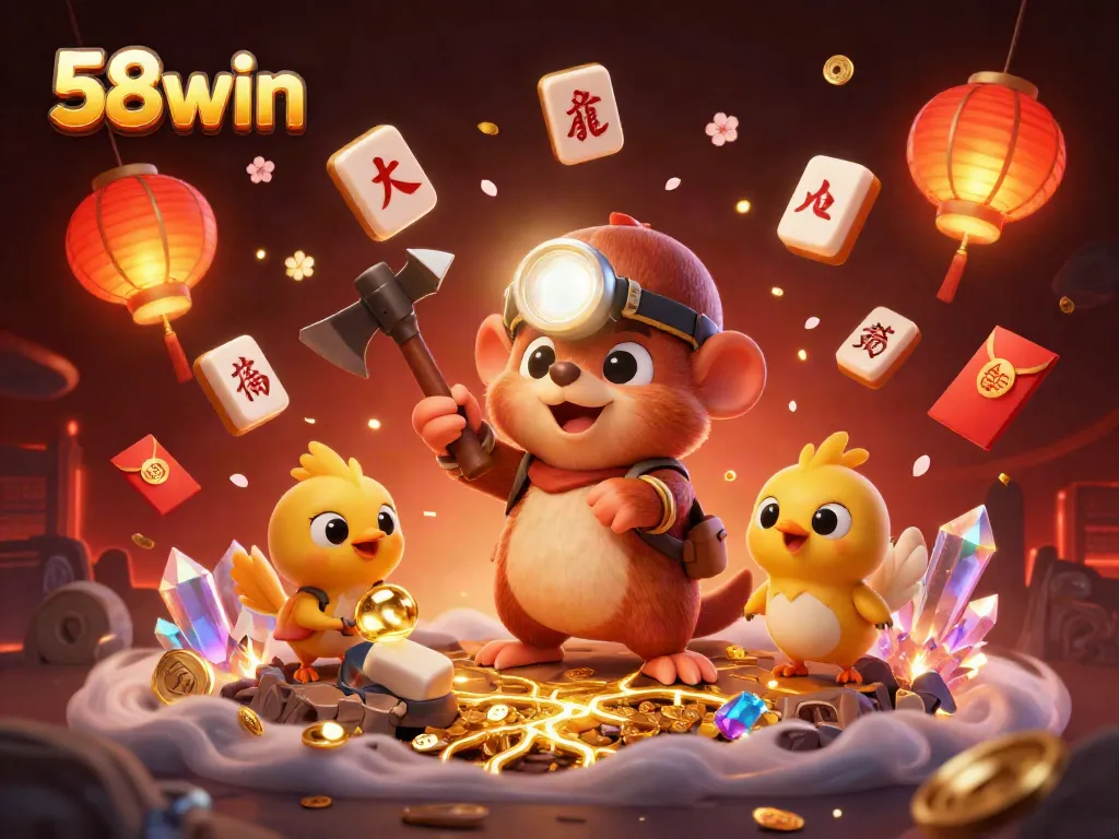 Engage in exciting games at 58win with a vibrant 3D illustration showcasing a treasure hunter mole, capturing the thrill of online gambling.